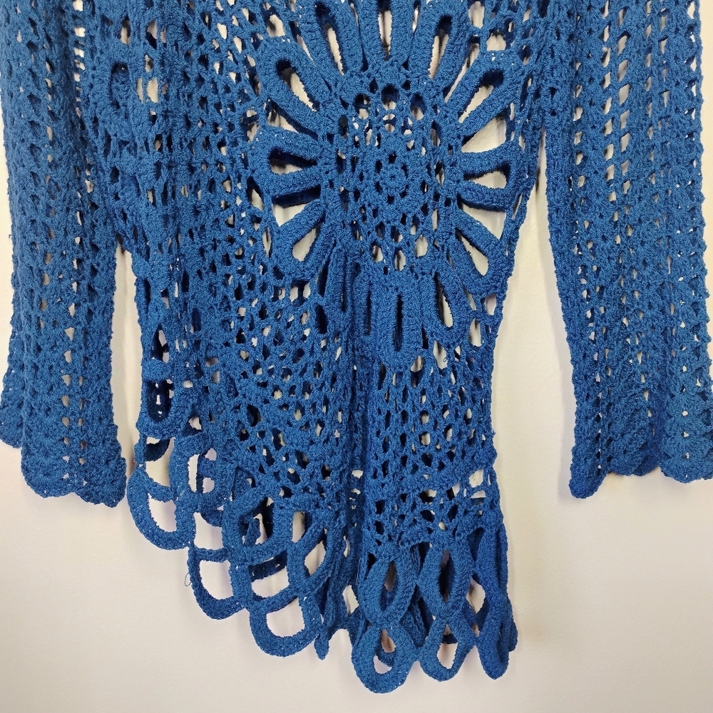 Tempo Paris Asymmetrical Open Knit Top Womens Medium Blue Crochet Boho Lagenlook - Picture 3 of 10